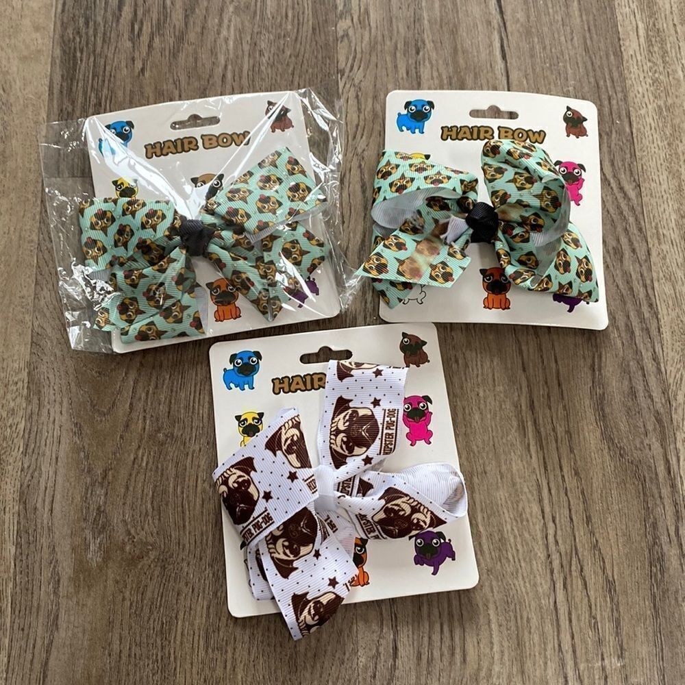 •Brand New• Bundle (3) Pug Dog Hair Alligator Clip Bow